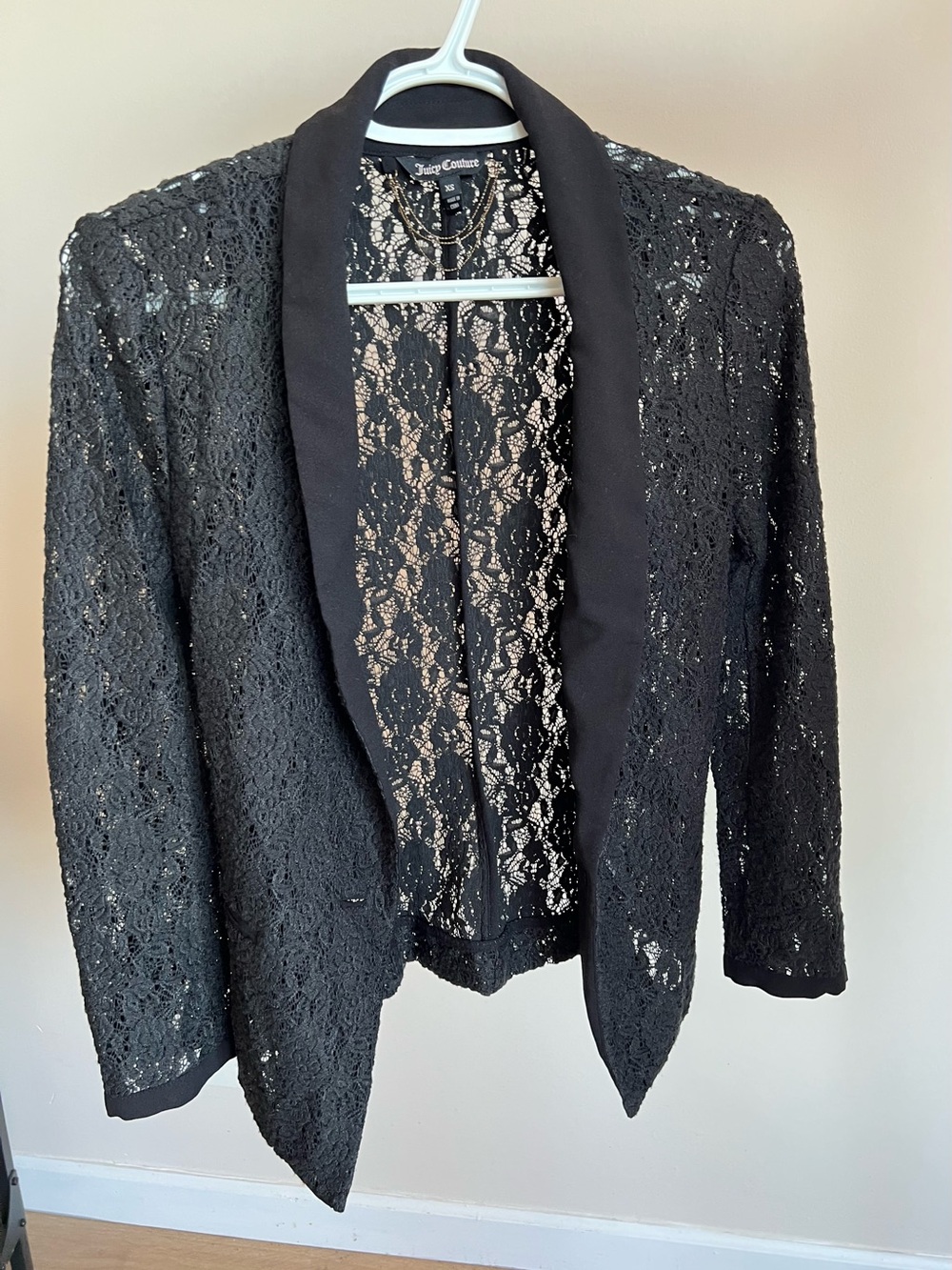 Juicy Couture Black Lace Blazer with Shawl Collar